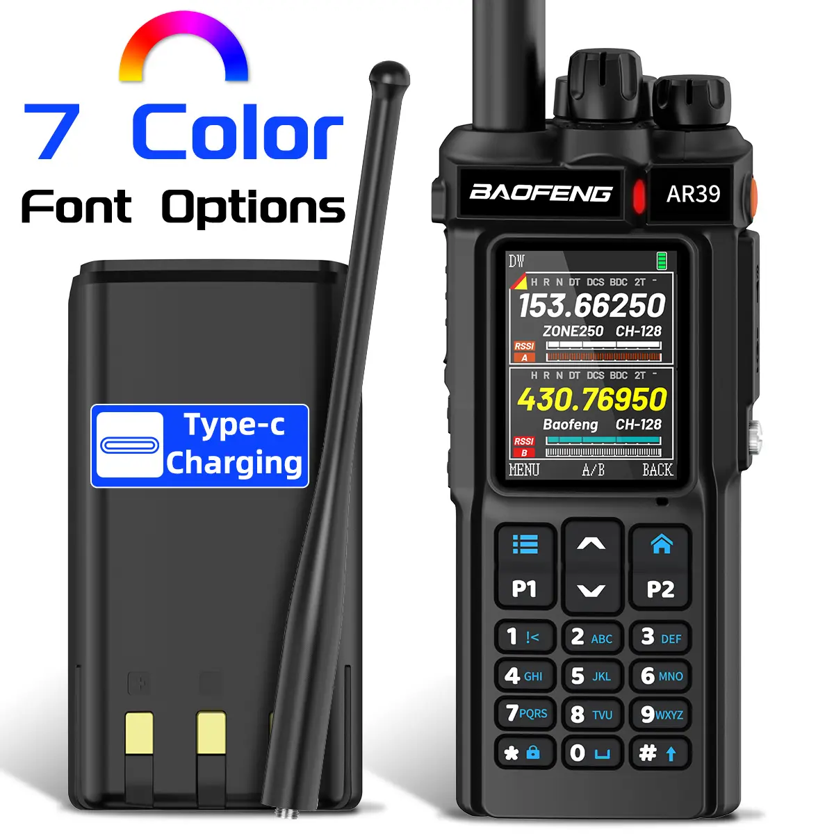 BAOFENG AR-39 Walkie Talkie Long Range Multi Band 7 Color Font Options with Flashlight AM/FM NOAA Ham Radio