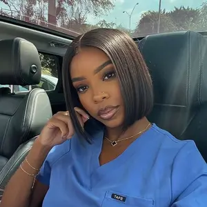 AliPearl Wigs Natural Black Straight Short Bob Wig 4x7 Lace Closure Wig  Glueless Ready To Go Wig Human Hair Pre Cut Pre Plucked Lace