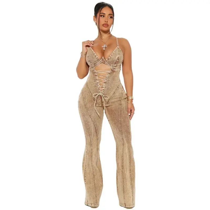 (New)CHENGDEFA two-piece set woman Women Strapless Strap straight Jeans washed Denim Jumpsuits 2025 summer Street Cargo One Piece Suit Rompers Light Womenswear Check Overalls Comfort Basic