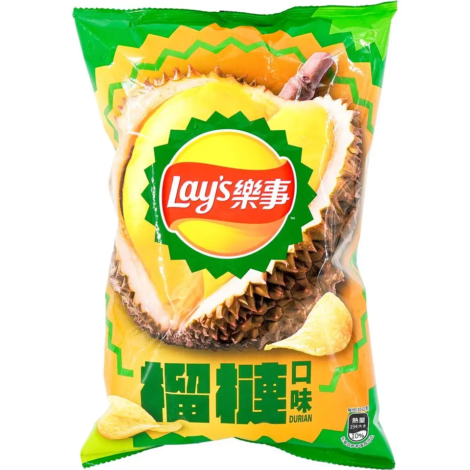 Lay's Durian-Flavored Potato Chips, Made with Fresh Potatoes & Palm Oil, Rich Creamy Taste, 3 oz, Snack Foods, Asian Potato Chips Lay's Durian-Flavored Potato Chips, Made with Fresh Potatoes & Palm Oil, Rich Creamy Taste, 3 oz, Snack Foods, Asian Potato Chips