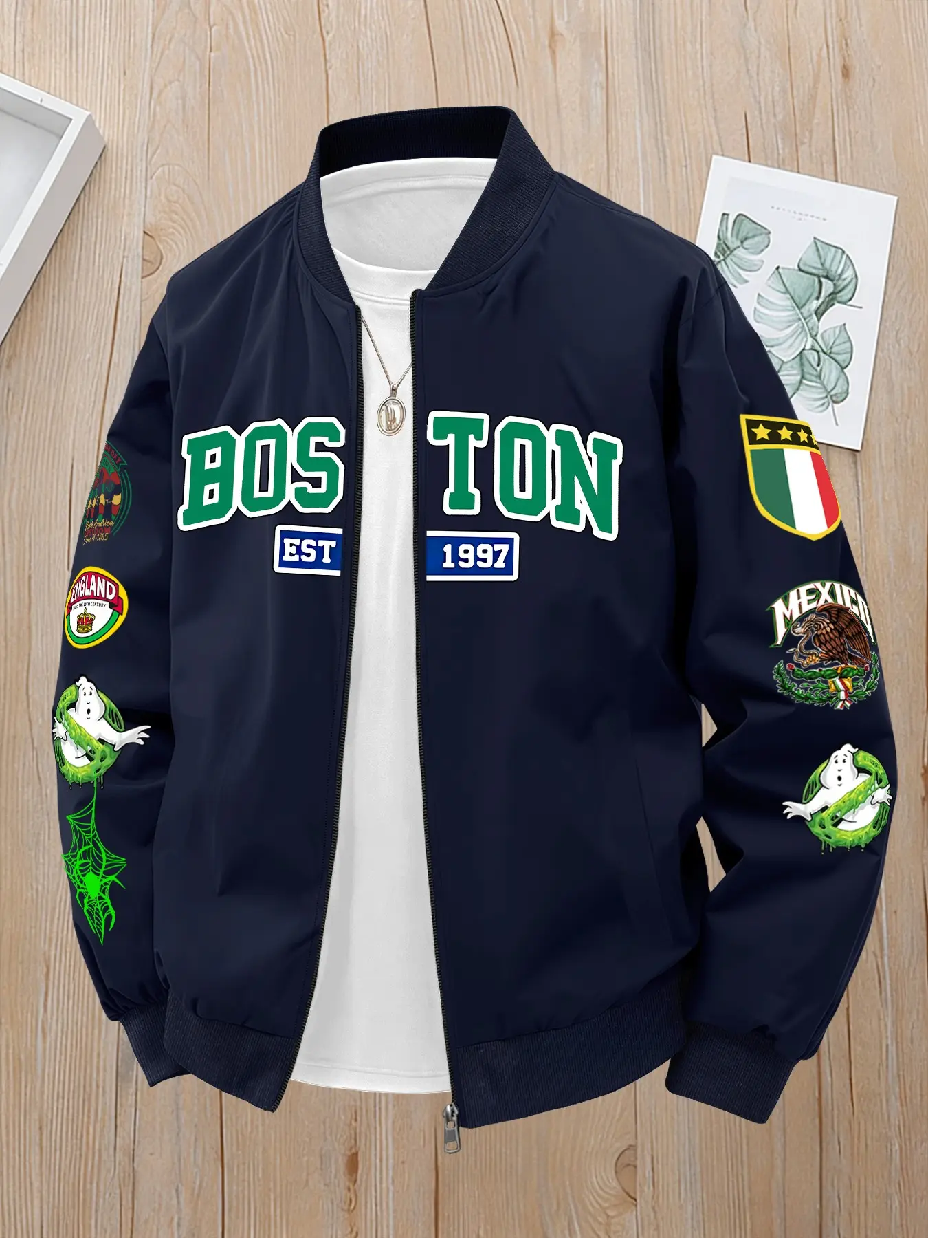 Boston Print Jacket for Men, American Vintage Baseball Outerwear, Long Sleeve Loose-Fit Coat, All Seasons Casual Style