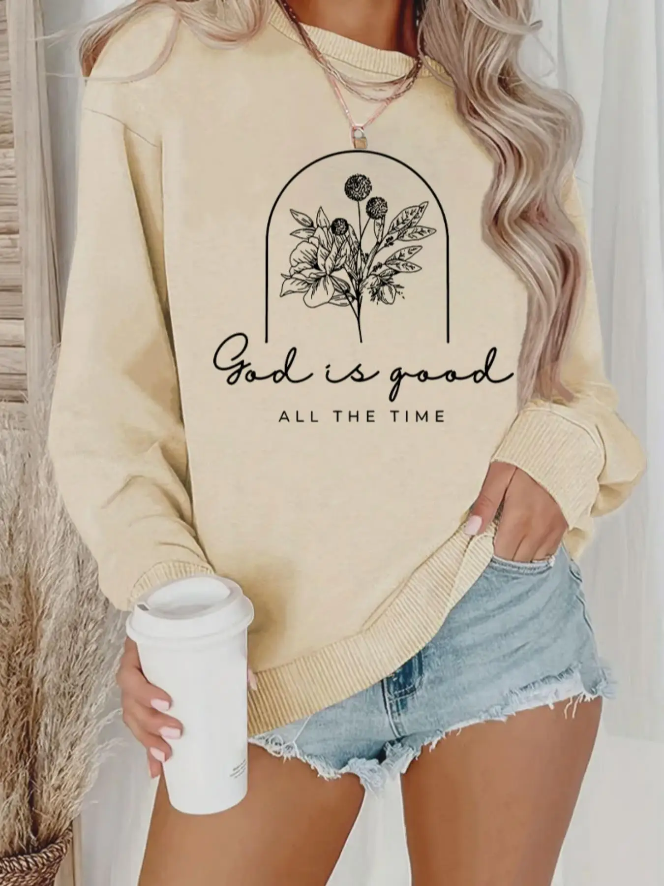 Women's Floral & Letter Print Crewneck Sports Sweatshirt, All-match Long Sleeve Round Neck Pullover Airport Outfit for Fall & Winter, Women's Sportswe