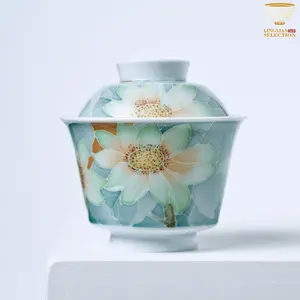 [Liling Underglaze Five-Colored Gaiwan] Hand-painted Lotus Series | Celadon Green & Misty Blue | High-Fire Porcelain | Kung Fu Tea Artware