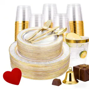 70-Piece Platinum Hammered Plastic Plate Set with Edges, Includes Dinner Plates Dessert Plates Party Plates Cutlery Cups for Parties Weddings Birthdays