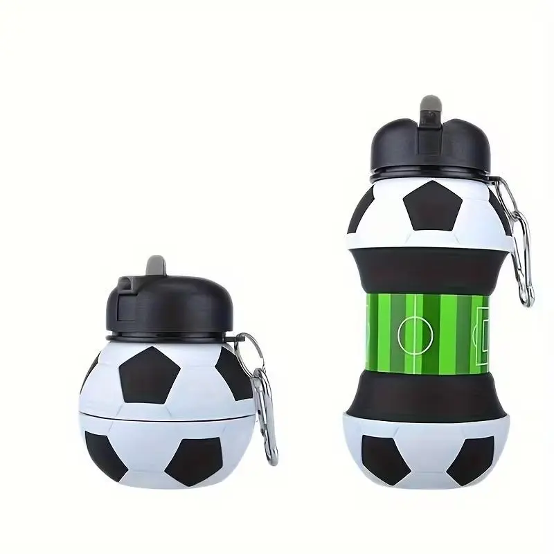 Collapsible Silicone Soccer Ball Water Bottle for Kids, 18 oz BPA-Free with Clip, Leak-Proof Spout, Portable Sports Drink Bottle