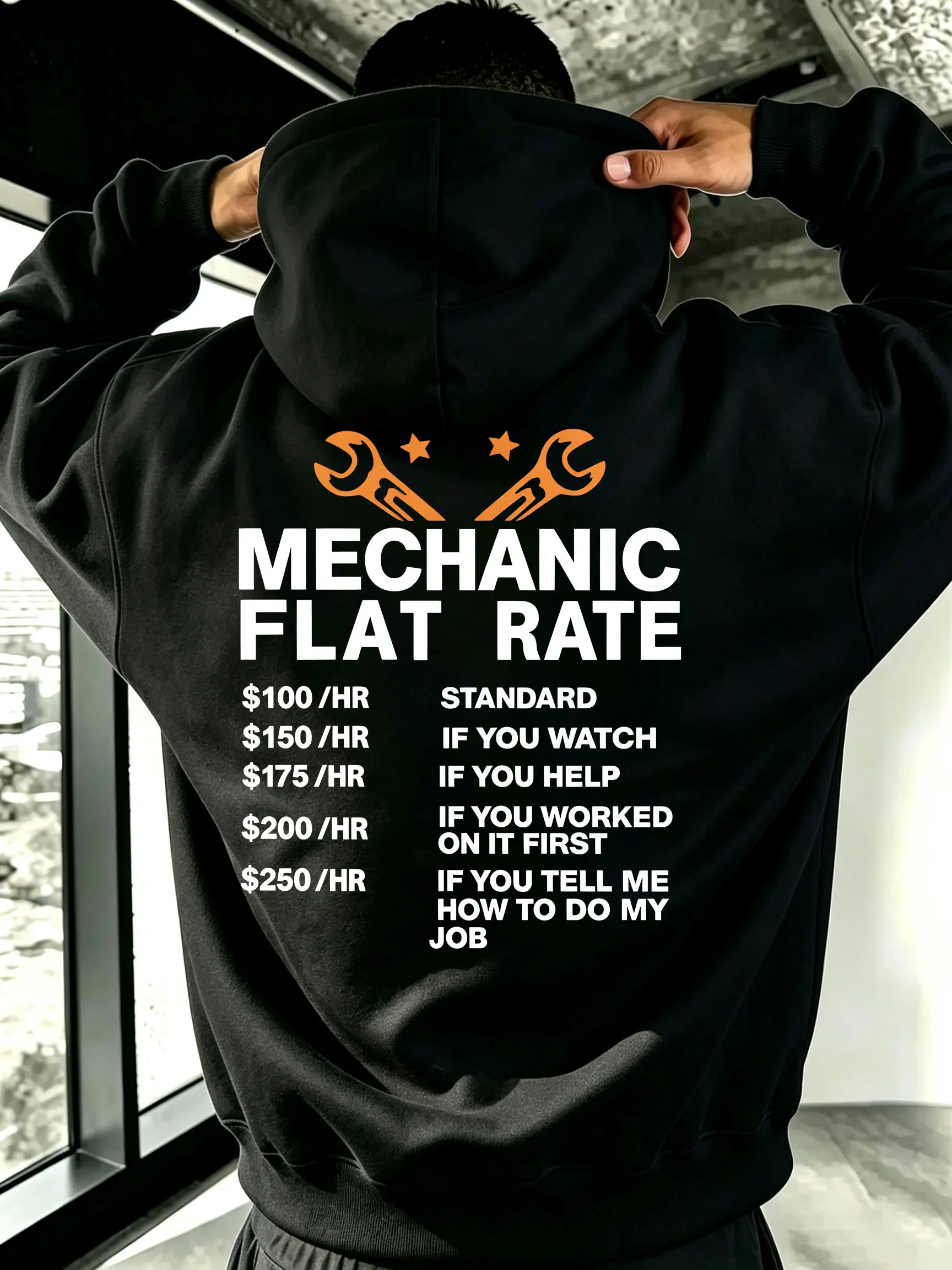 Mechanic Flat Rate mechanic-themed price list print American men's workwear pullover hoodie