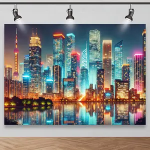 1pc Polyester Urban Skyline Backdrop, Vibrant Neon Cityscape Photography Background Cloth, Futuristic Metropolis Wall Decor for Photo Studio