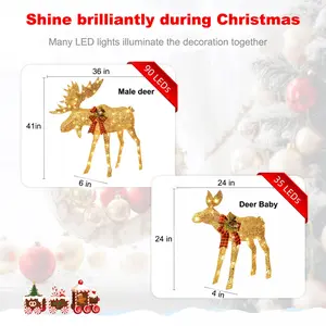 3D Christmas Reindeer Family Decoration Set (2-Piece), 125 Warm LED Lights, Outdoor Yard Ornament with Stakes, Cable & Gold-Red Bow, Holiday Decor