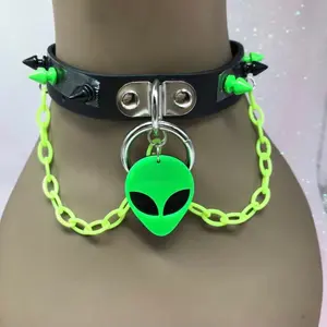 Black necklace with green alien pendant and spikes ufo  goth Halloween costume