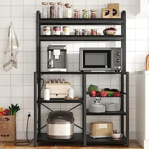 5-Tier Bakers Rack with Wire Basket, Microwave Stand with Built-in Power Outlets, Coffee Bar Station, and Open Kitchen Shelving for Spices, Dishes and Pots, Black