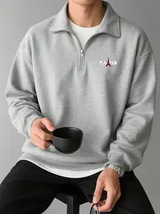 Minimalist Style Paris Print Half-Zip Sweatshirt, Versatile Loose Fit Stand Collar Top, Unisex Spring & Fall Casual Wear