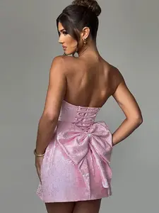 Lunea Women Jacquard Satin Homecoming Dress Strapless A Line Mini Short Dresses with Bow Back for Party Cocktail Prom