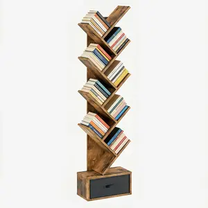Geometric Tree Bookcase with Drawer – 4/7/9 Tier Corner Shelf Unit, Rustic Brown, Angled Display Shelves + Bottom Storage, Sturdy Engineered Wood, Easy Assembly – Ideal for Living Room, Bedroom, Home Office