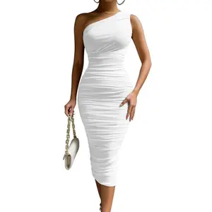 Sexy women’s bodycon one-shoulder sleeveless ruched midi club party dress — formal womenswear, polyester, workwear