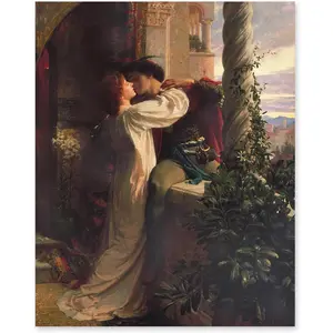 "Romeo and Juliet" retro Renaissance style romantic art poster, featuring a 19th-century Italian background and a dramatic scene of the lovers, suitable for elegant home decoration in living rooms, bedrooms, and offices.