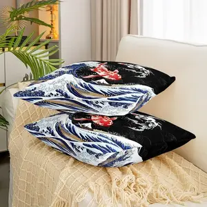 Feelyou 18x18 in Polyester Fabric Japanese Ocean Wave Throw Pillow Covers - Set of 2 Invisibly Zipped Oriental Cushion Covers for Home, Bathroom Decor; Pillow Inserts Not Included