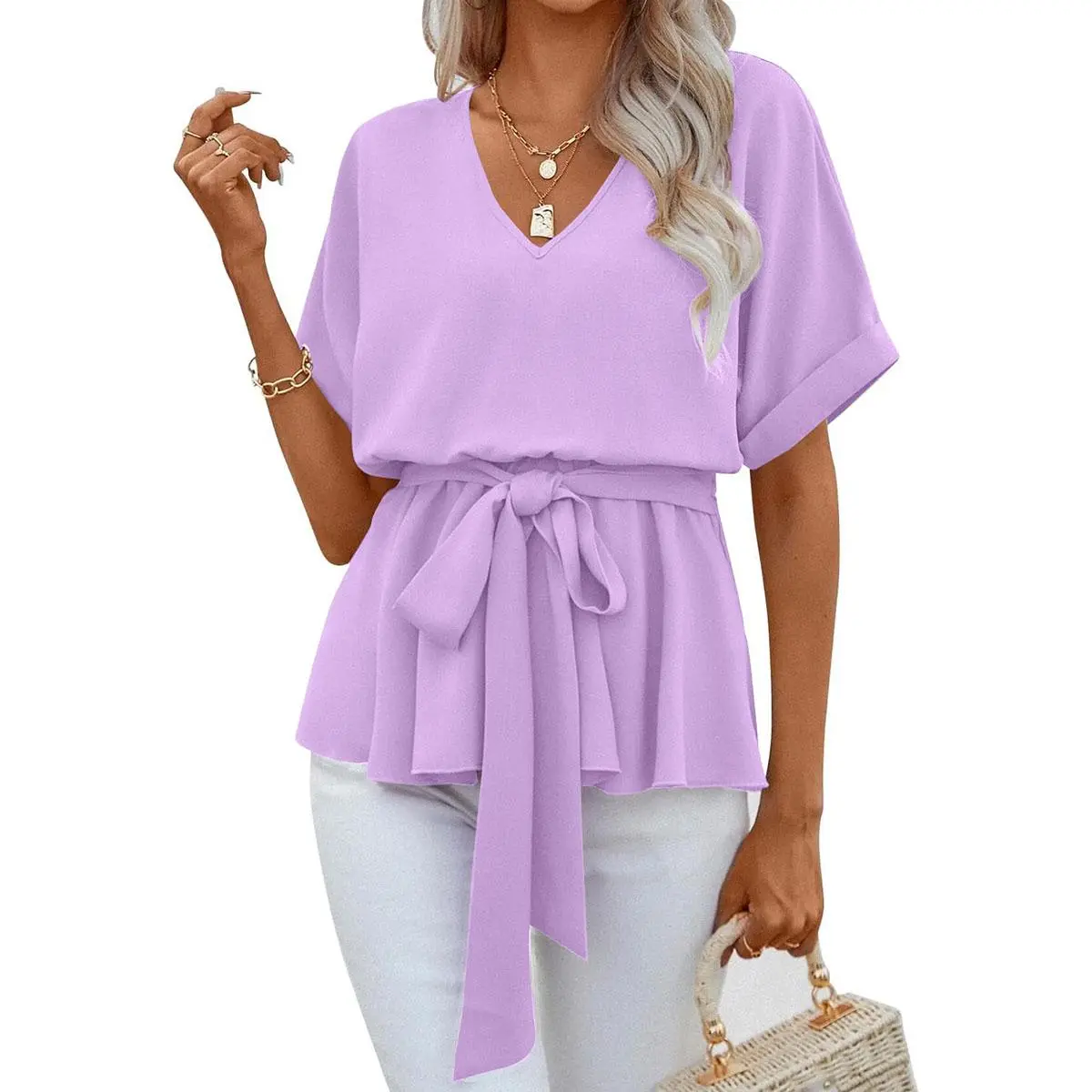 Imily Bela Womens Casual V Neck Top Short Sleeve Belted Basic Summer T Shirt