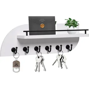 Key Holder for Wall, Decorative Key and Mail Organizer with 6 Sturdy Metal Hooks and Floating Shelf, 14 Inches  Wall Mounted Key Rack for Entryway, White and Black