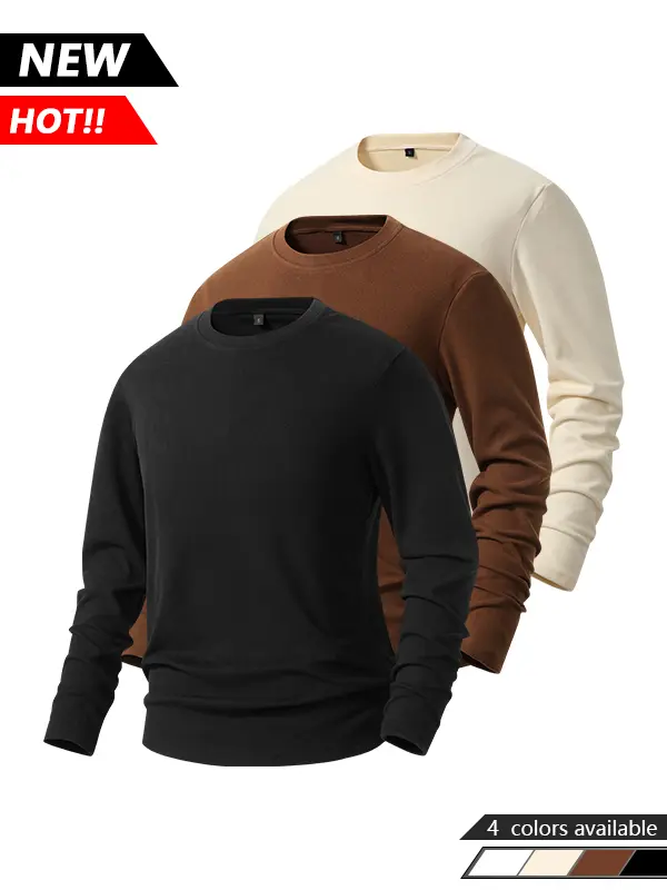 3-pack men’s autumn/winter thermal long-sleeve tops made of velour fleece, solid color crewneck pullover shirts—soft, comfortable, trendy basic layers for everyday home wear.