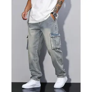 Men'S Loose Fit Multi-Pocket Cargo Jeans, Distressed Washed Denim, Comfortable Street Style Pants for Casual Wear (Belt/Accessories Not Included), Allseason Pants |   Street Style Jeans |   Rugged Denim