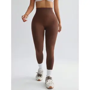 gym Solid High Waist Minimalist Tight Seamless Leggings Coffee Brown Long Yoga Pants for Women All Seasons High Stretch