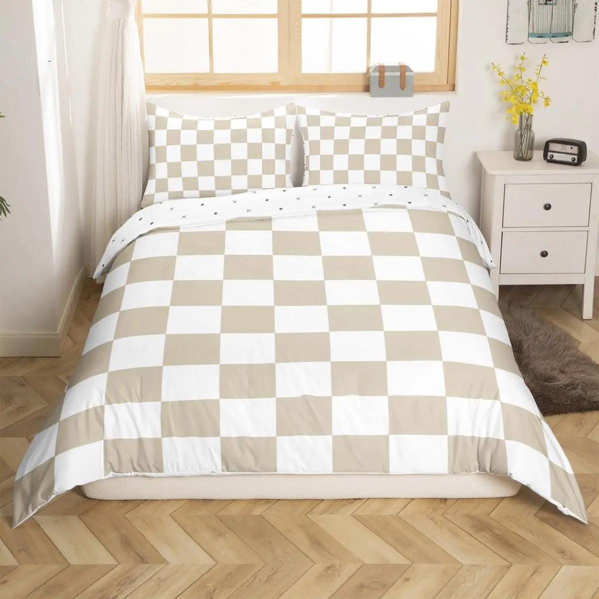 Checkered Bedding Set Women Men Beige Plaid Duvet Cover Cute Retro Neutral Checkerboard Geometric Comforter Cover Vintage Aesthetic Room Decor