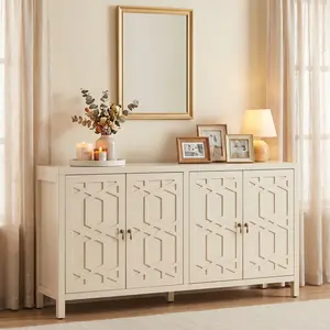 【Summervibes】RoyalCraft L Sideboard Buffet Cabinet with Storage, 60'' Mid Century Modern Storage Cabinet with 4 Doors and Adjustable Shelves, Accent Cabinet for Entryway, Dining Room, Living Room, Bedroom, Black