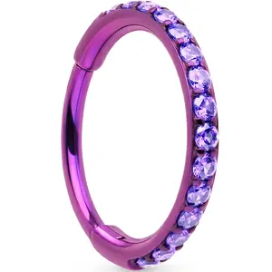 20G Micro Gem Implant Grade Titanium Hinged Nose Hoop - Purple CZ Nose Ring