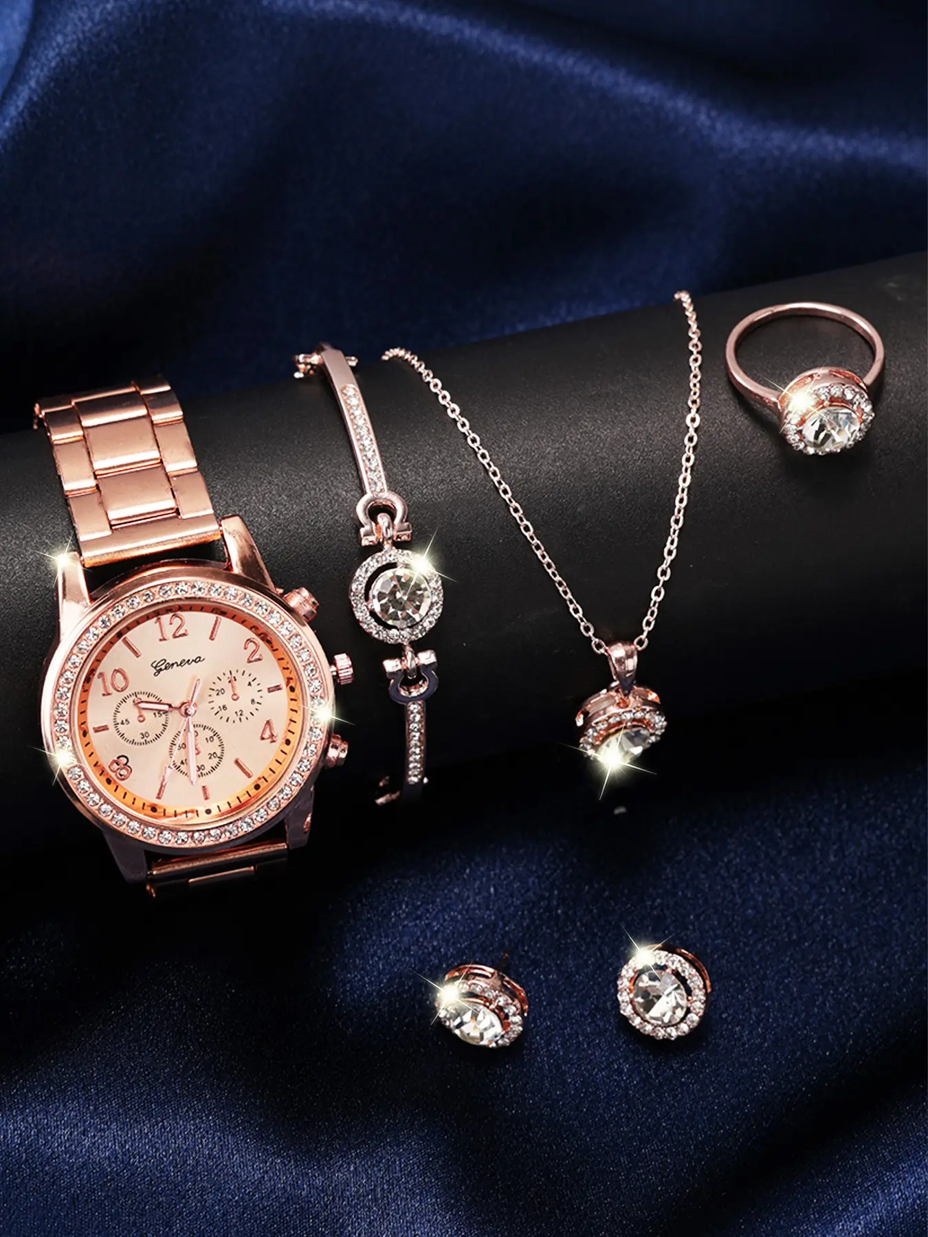 5 Piece Rose Gold Plated Matching Fashionable Jewelry Gift Set, Elegant Rhinestone Watch, Necklace, Bracelet, Ring, Earrings, Perfect for Dates and Office Wear, Jewellery Gift Set, Jewelry Sets