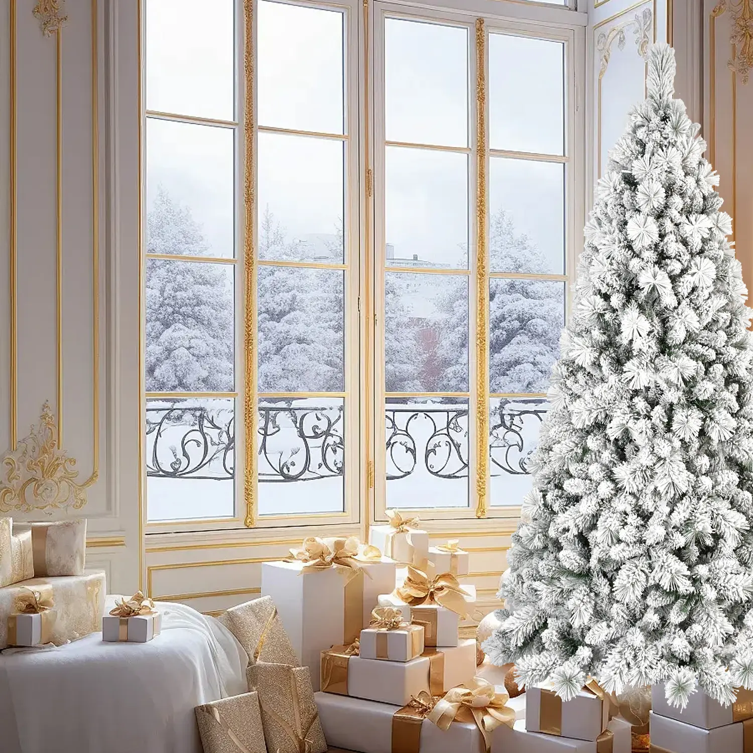 6FT Flocked Traditional Christmas Tree with Stand, No Light Source, 752 Tips, Snowy PVC & Hard Needle Branches, Hinged Setup for Easy Install, Strong Durable Metal Hardware, Classic Realistic Full-Body Holiday Decoration, Durable Metal Stand, Any Setting