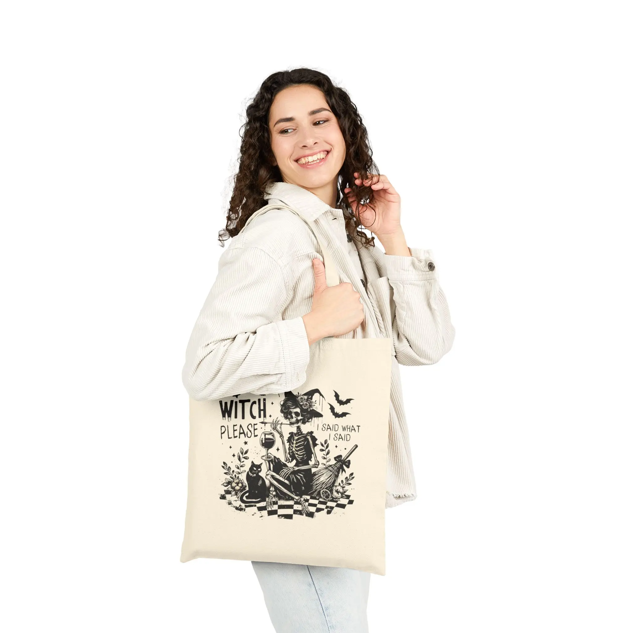 Witch Please Illustration Tote Bag | Halloween Witch Cat Broomstick