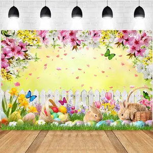 Photography Background Photography Spring Easter Eggs Bunnies Butterflies Flowers Fence Scene Birthday Party Decor Backdrop Photo Studio