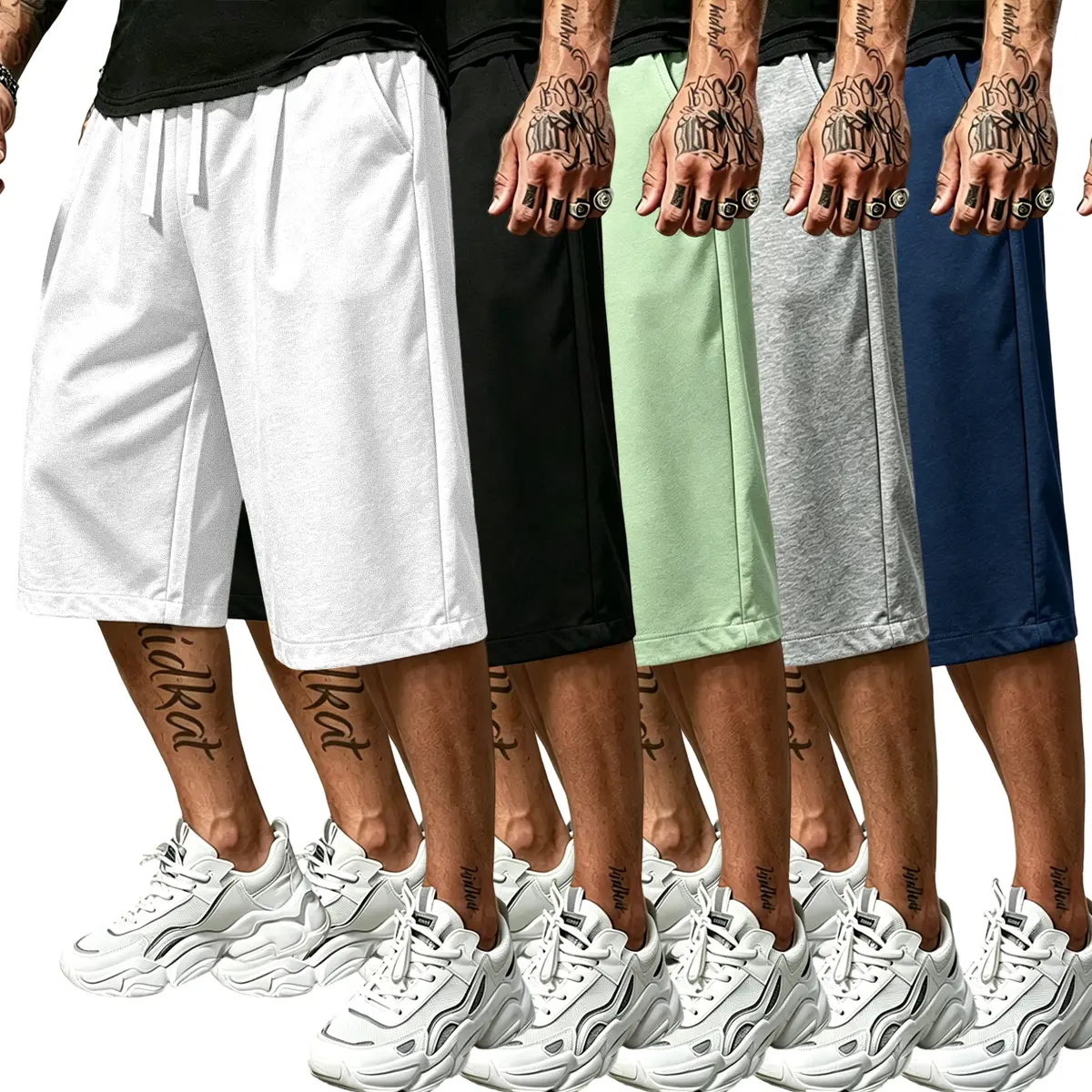 Men's 5-Pack Cotton Athletic Shorts - Baggy Cut, Adjustable Elastic Waistband with Drawstring, Knee-Length, Breathable Soft Fabric, Multi-Color Menswear Bottoms for Summer Streetwear, Running, Adjustable Men's Shorts