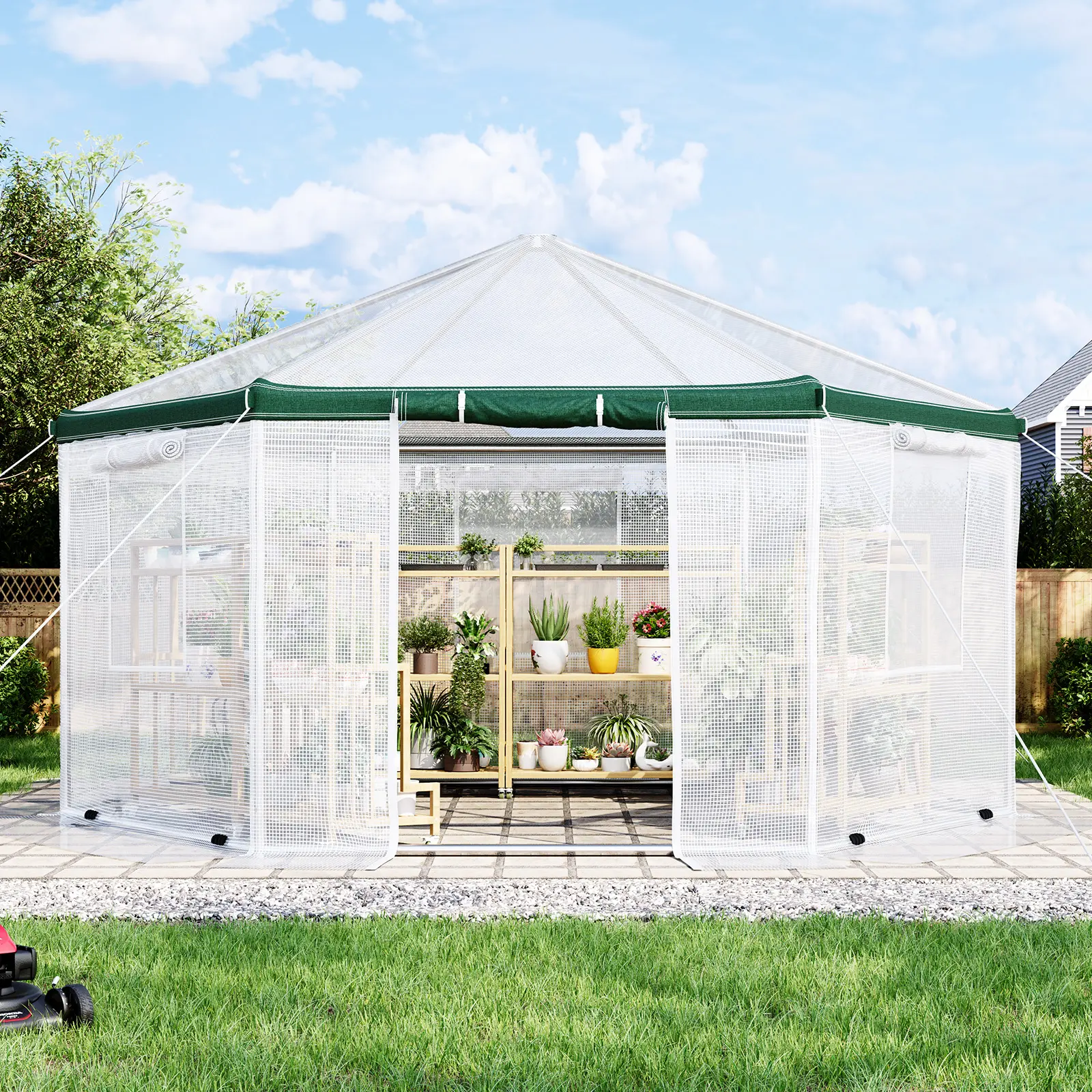 AMERLIFE 13.5x13.5x9 FT Hexagonal Walk-in Outdoor Greenhouse, Heavy-Duty Model with Windbreak Ropes, Waterproof PE Cover, Ground Stakes for Garden, White/Green