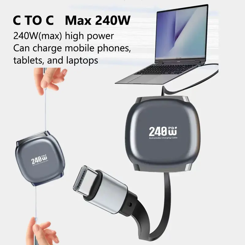 USB C to USB C Cable, Max 240W Retractable Cable Design 5A Fast Charging Cable, Portable PD Fast Charging, Flat Shape, Supports for iphone 17 16 Pro Plus Pro Max, MacBook, iPad, Samsung S24/S23+, Charger Cable