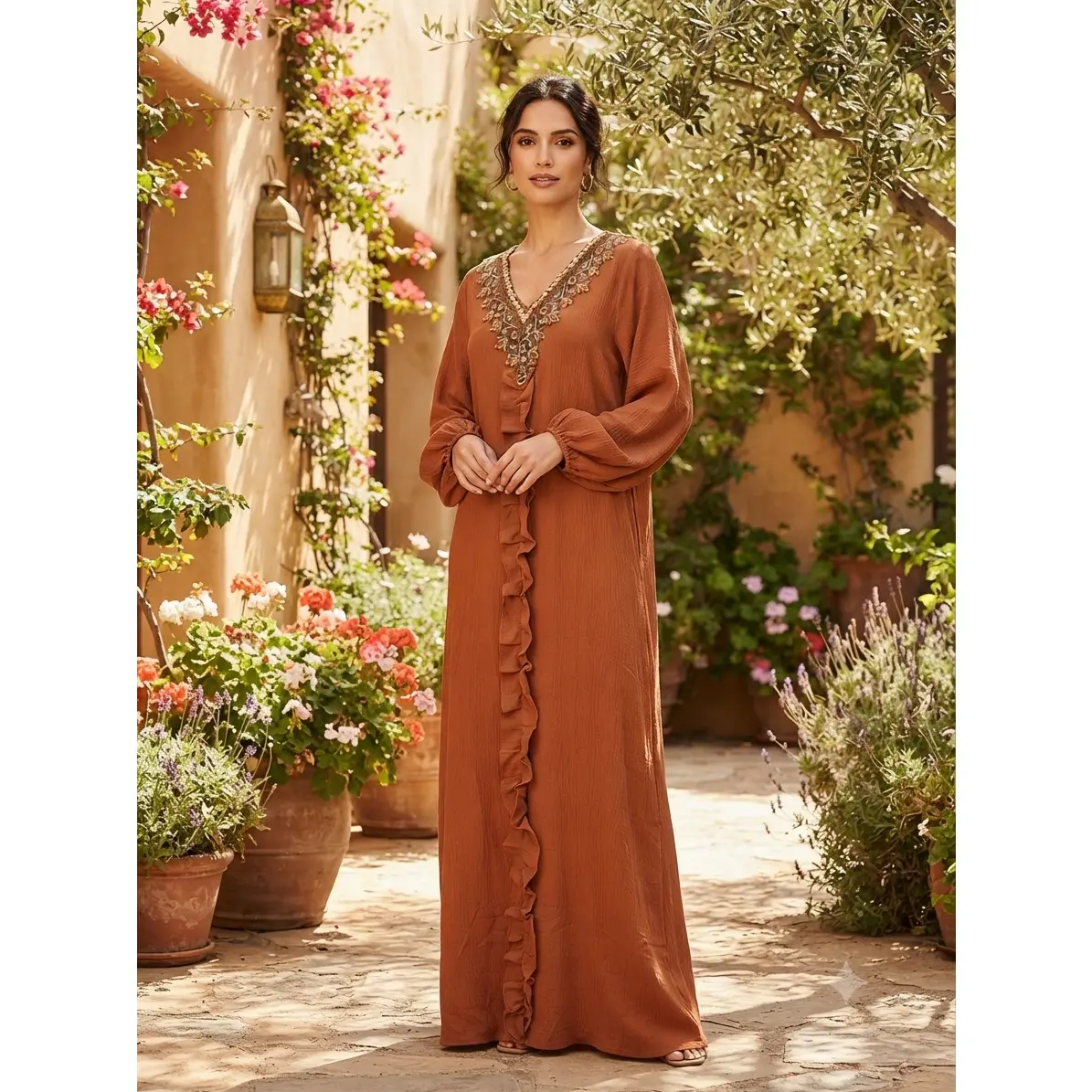 Women's Elegant Brown Islamic Abaya, Ruffled Hem, Embroidered V-Neckline (Modest Fashion Wear)