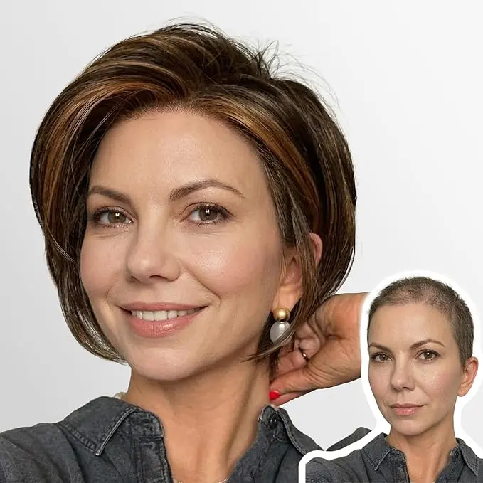 [Live] Raven – WIGYY 10 Inch Pre-styled Brown Highlights 4x4 Free Part Mono Top Short Straight Layer Cutted Glueless Natural Hairline Wig with Bangs, Heat Resistant Fiber Synthetic Lace Front wig that look real, Beginner Friendly, Wear and Go #SummerWins