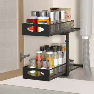 Under Sink Organizer, Black 2 Tier Slide Out Sink Shelf Cabinet Storage Shelves, under kitchen sink organizer,Pull Out Cabinet Organizer, Multi-Use Shelf for Kitchen,Bathroom Racks Steel