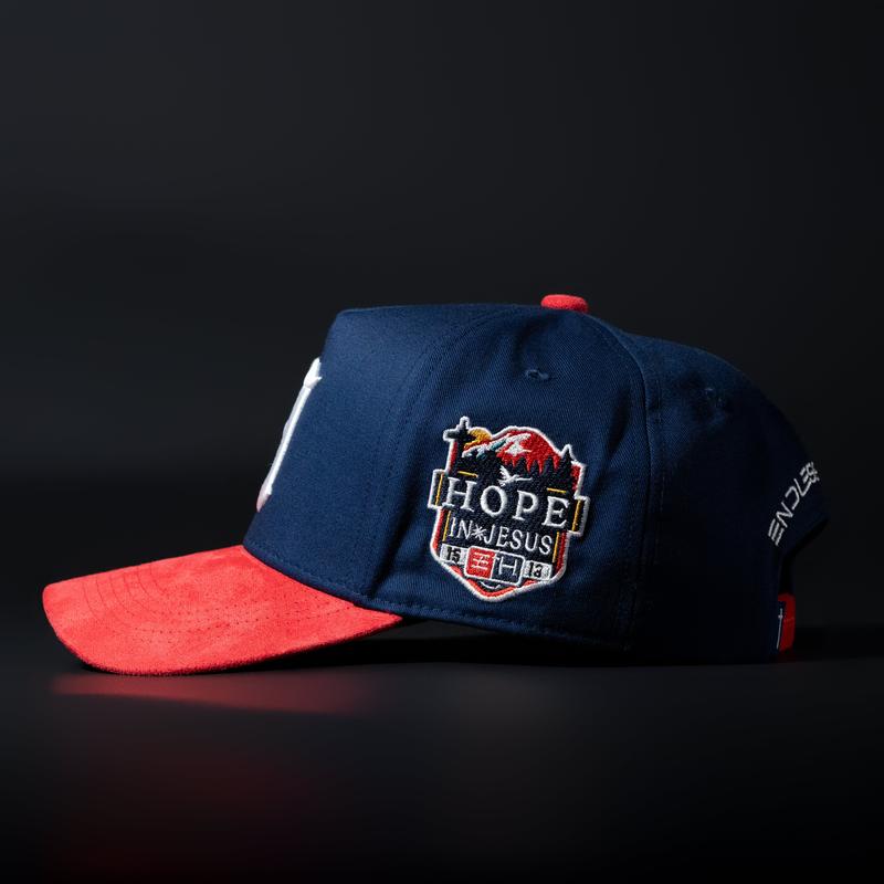 Navy Blue and Red Sueded Brim Hat with "Hope in Jesus" Side Patch and "7 with Dove" Symbolic Design for Faithful Fashion