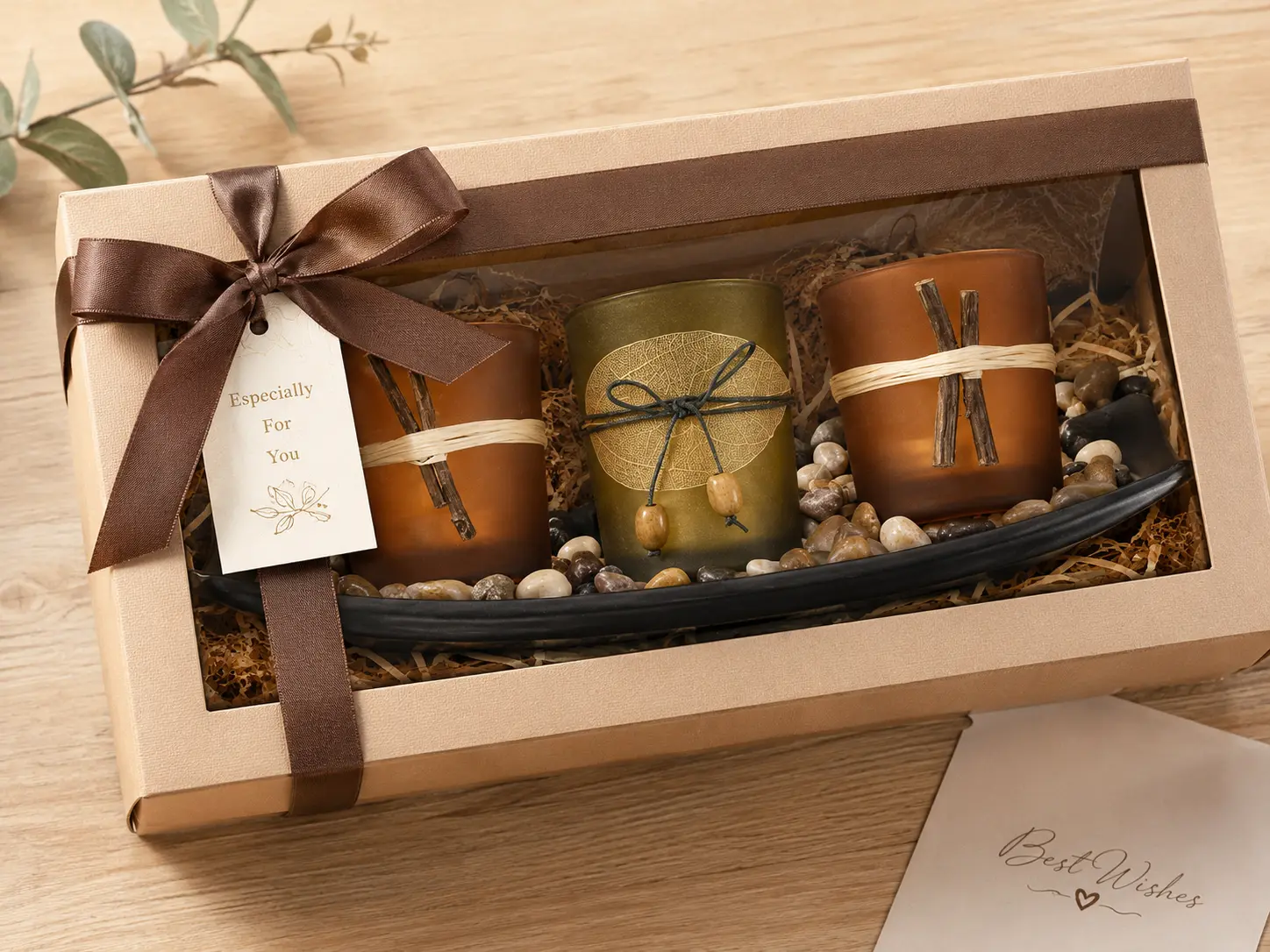 Decorative Votive Candle Holder Set with 3 Flameless LED Tea Lights, Glass Holders, Rocks & Tray, Vintage Earth Tone Centerpiece for Table & Home Decor