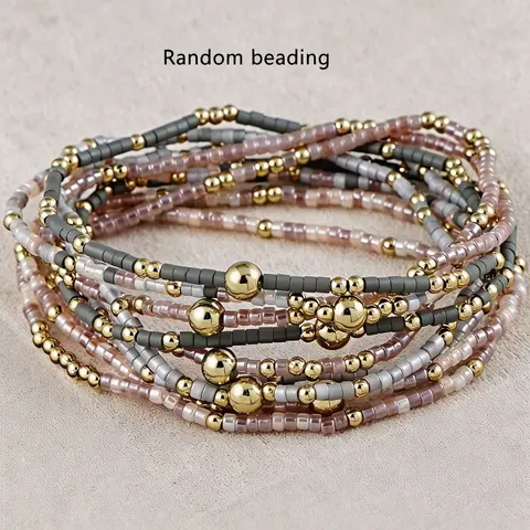 9-Piece Bohemian Handmade Beaded Bracelets Set, Elastic Multi-Layer Stackable, Elegant for Daily, Vacation, Party Wear, Bracelet Sets