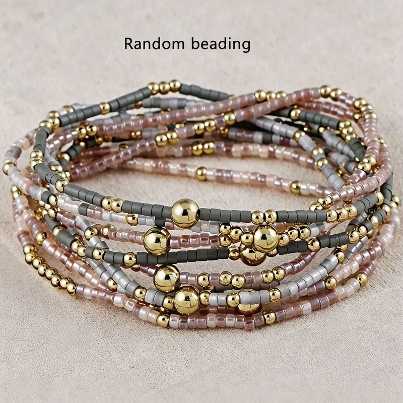9-Piece Bohemian Handmade Beaded Bracelets Set, Elastic Multi-Layer Stackable, Elegant for Daily, Vacation, Party Wear, Bracelet Sets