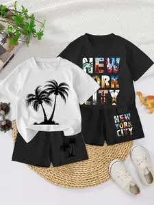 Boys' Summer Fashion Coconut Tree Pattern Short Sleeve Tee & Comfortable Shorts Set, Casual Loose Fit, Unisex Kids Clothing Gift