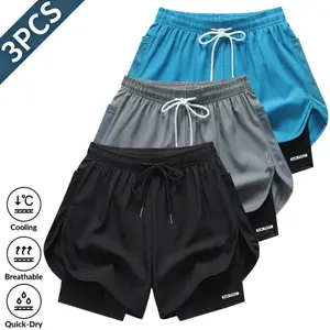 Three-piece set of women’s double-layer faux two-piece athletic shorts—fitness/running style. The double-layer faux two-piece design creates layered visual effect. Elastic drawstring waistband for free adjustment and a snug fit. Curved, irregular hem enha