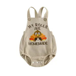 My Rolls are Homemade Thanksgiving Baby Girl Boy Bubble Romper Overalls Turkey/Bread Embroidery Sleeveless Waffle Bodysuit Cute Newborn Clothes