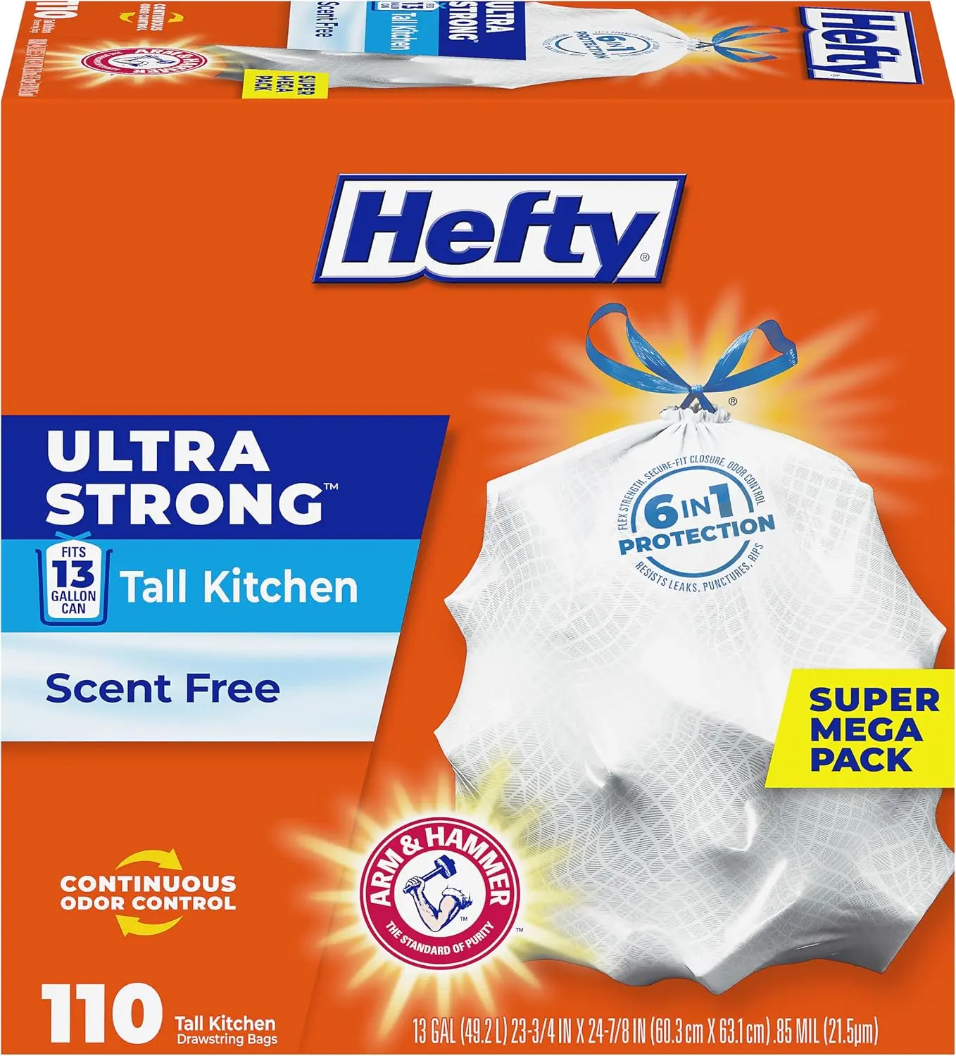 Hefty Ultra Strong 13 Gal Drawstring Kitchen Trash Bags, White Unscented, 110ct Bulk Pack, Leak-Puncture-Rip Resistant, Continuous Odor Control
