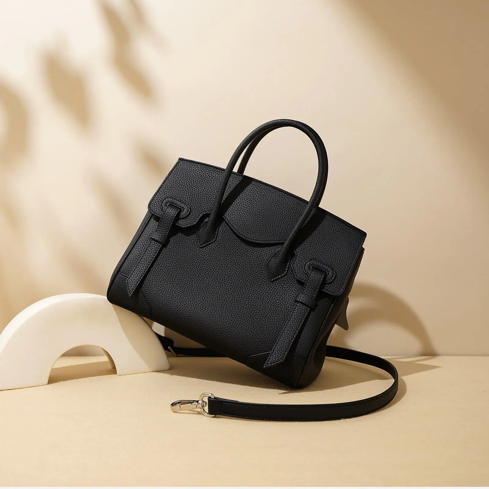 Grainé Élégance Bag - Dark Color Textured Design Two Handles Versatile Style Ideal for Everyday Use Genuine Grained Leather Women Handbags with Detachable Strap