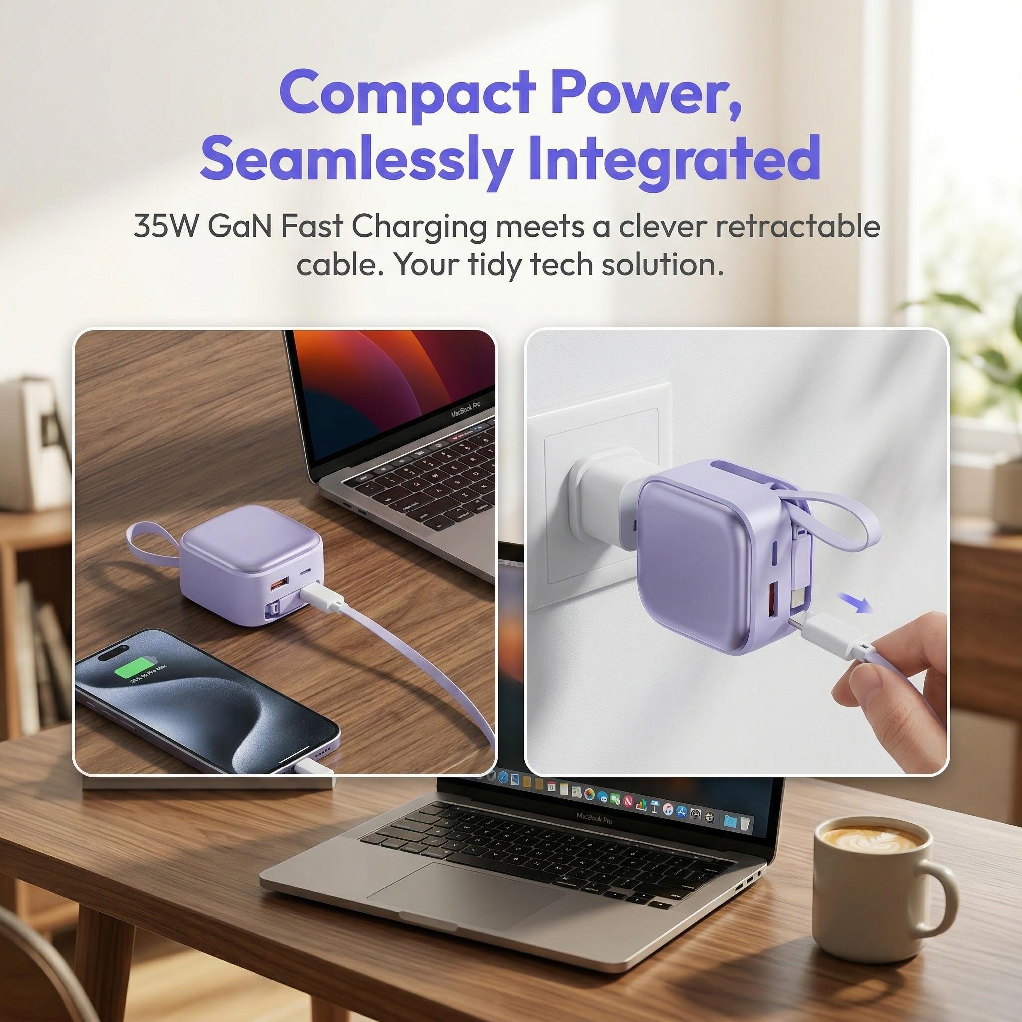 Retractable Gan Wall Charger Plug, usb c cable,Fast Charging forDual-Device Simultaneous Charging, Compact Device, Wireless Earphones, Bluetooth Speaker, Headphones, Mobile Phone, Travel, Lightening-MM