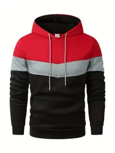 Men's multi-color patchwork hooded sweatshirt, casual loose warm long sleeved pullover, as a gift