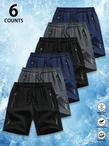 6 Counts Men's Premium Ice Silk Quick Dry Athletic Shorts, Luxury Performance Cooling Drawstring Elastic Waist Casual Shorts with Secure Zipper Pockets & Reflective Detail, Designer Loose Fit Breathable Lightweight Workout Shorts for Gym, Running, Hiking,